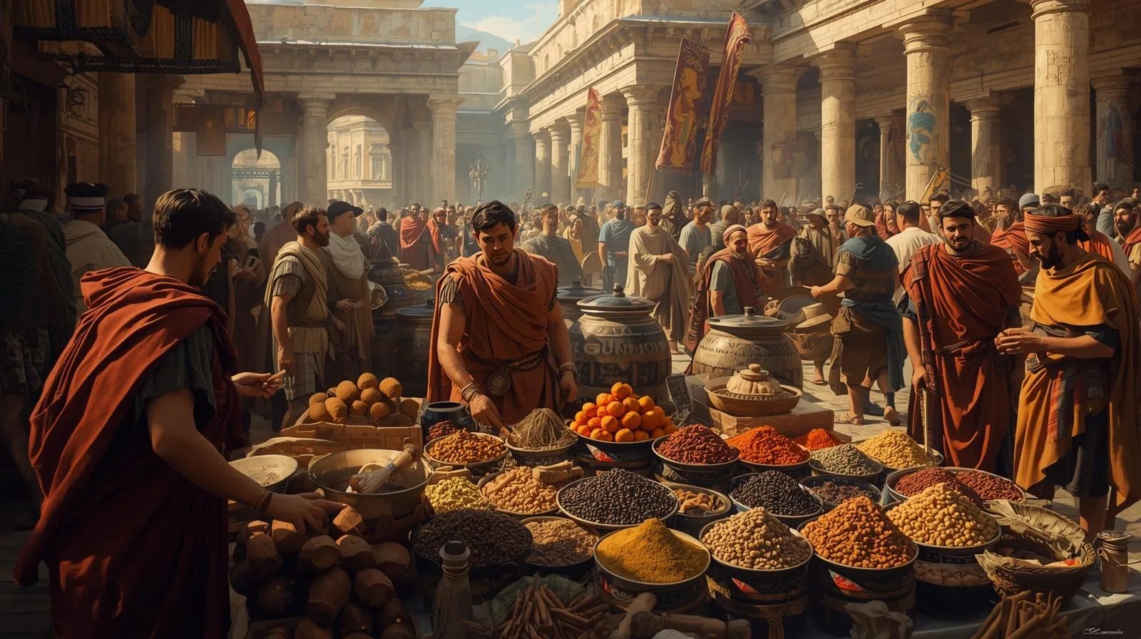 Illustration d'un marché aux épices dans l'Empire romain